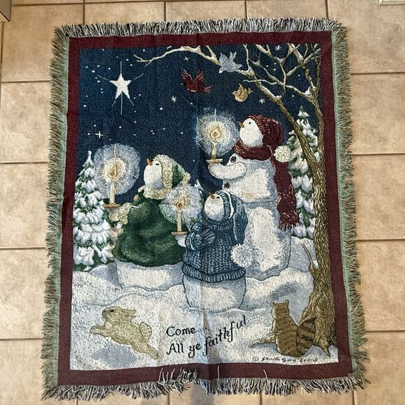 Vintage Artist Sandi Gore Evans “Come All Ye Faithful” Snowman Tapestry Blanket - Picture 1 of 8